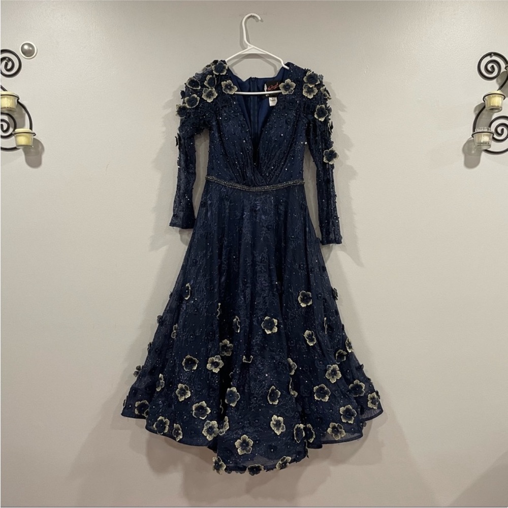 Mac Duggal 67809 Lace Floral Low V-neck Cocktail Midi Dress Gown Midnight 4 - Picture 3 of 10